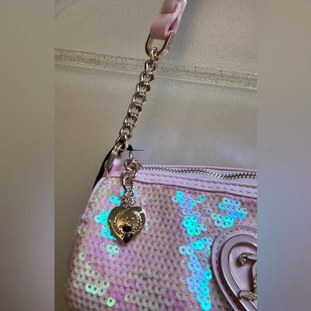 NWT JUICY Couture Pink Sequin Barrel Heart Shoulder Bag Gold look Chain Handle - Picture 8 of 14